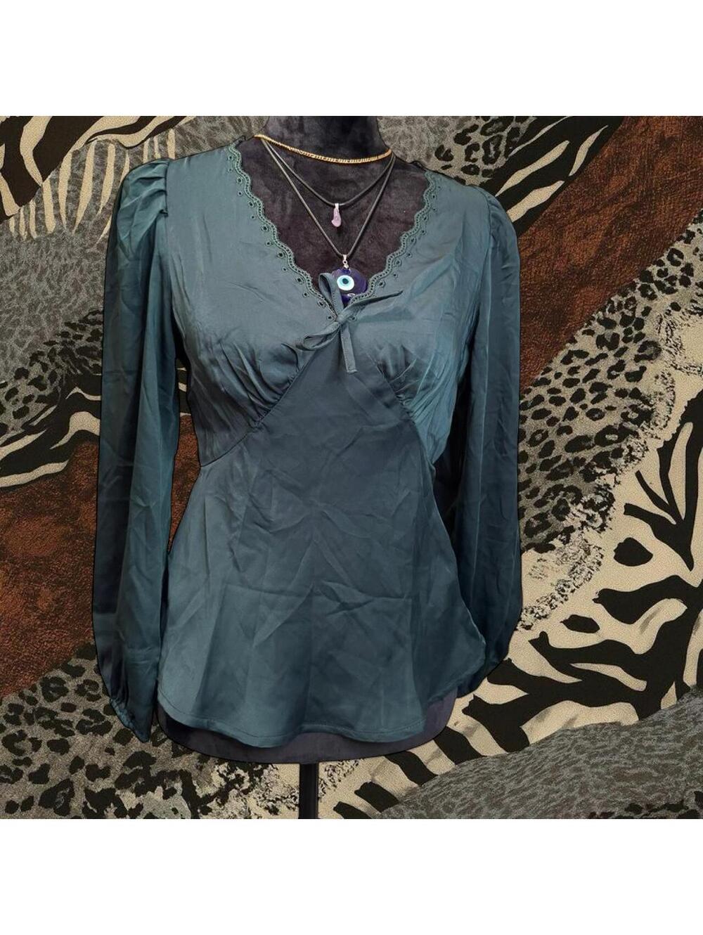 Green satin long sleeve blouse with lace trim detail
